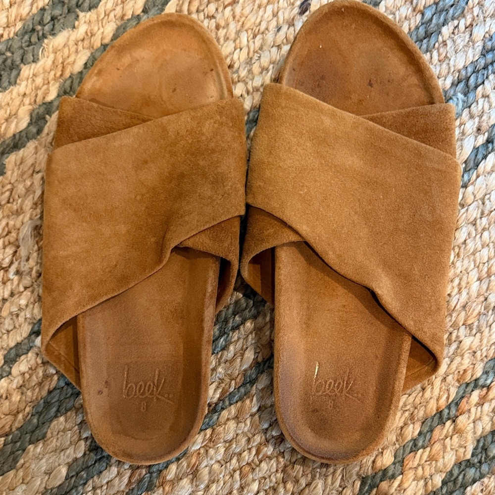 beek Suede Cross-Band Slide Sandals in Tan Suede